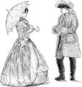 Sketches of people couple in luxury clothing of 18th century standing and talking Royalty Free Stock Photo