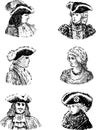 Sketches of portraits noble people in historical theatrical costumes of the 18th century