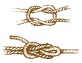 Sketches of rigging rope tied in various sea knots, hand drawings isolated on white