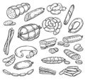 Sketches of sausage and wurst, meat products Royalty Free Stock Photo