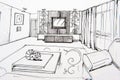 Sketches sketch in pencil interior sketches, bedroom, living room, kitchen. Royalty Free Stock Photo