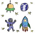 Sketches of space objects: stars, rocket, planet, UFO, astronaut in freehand drawing style