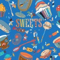 Sketches of sweets, candy, tea, coffee, honey, lollipops