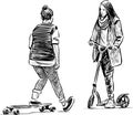 Sketches of teenage girls outdoor activities with skateboard and scooter