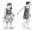 Sketches of two cute little girls in summer dresses walking barefoot on beach by sea Royalty Free Stock Photo