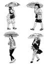 Sketches urban women walking down street under umbrellas in rainy weather Royalty Free Stock Photo
