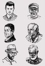 Sketches of various faces young people and seniors men