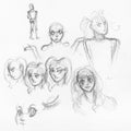 Sketches of various heads and faces of girls