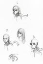 Sketches of various heads of girls with large eyes