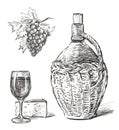 Sketches of wine theme, ripe grape bunch, wine glass with cheese piece, wicker wine bottle with handle
