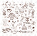 Sketches of winter elements - ugg boots, warm clothes, lantern, scarf, sleigh and others. Vector illustration in vintage