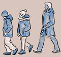 Sketches of woman and her kids walking outdoors Royalty Free Stock Photo