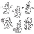 Sketching hand drawn style cute snow mans. Christmas vector illustration.Snowmen with gifts hats and scarves.