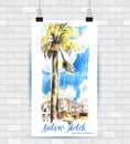 Sketching illustration in vector format. Poster with beautiful palm on the beach . Hand drawn illustration.