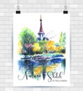 Sketching illustration in vector format. Poster with beautiful landscape and urban elements. Hand drawn illustration.