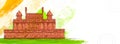Sketching Indian Monument of Red Fort with green and saffron brush stroke effect on white background.