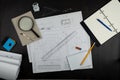 Sketching supplies. Work desk for architect, designer, engineer. Ruler pencil, notepad magnifying glass, eraser. Notebook with