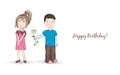 Sketchy cartoon illustration of a shy boy giving a flower to a pretty girl Royalty Free Stock Photo