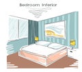 Sketchy color illustration of bedroom interior.Vector hand drawing image