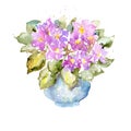 Sketchy colorful watercolor painting on white paper. Bright purple flowers and lush green leaves.Vector illustration