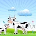 Sketchy cow with mammal in field Royalty Free Stock Photo