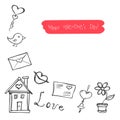 Sketchy cute love signs doodles, vector illustration Royalty Free Stock Photo