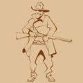 Sketchy drawing of a cartoon man in cowboy clothes with a gun in his hand