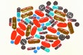 Sketchy drawing illustration of medical pills on colorful background