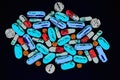 Sketchy drawing illustration of medical pills on colorful background