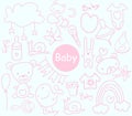 Sketchy hand drawn Doodle cartoon set of objects and symbols on the baby theme. Hand Made Design Vector New Born. Royalty Free Stock Photo