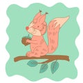 Sketchy little pink squirrel on the branch of tree