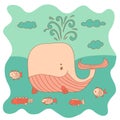 Sketchy little pink whale with a fish swims in the sea in cartoon style. Royalty Free Stock Photo