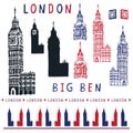 Sketchy London Big Ben clock tower chime clipart elements set. Famous