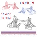 Sketchy London Tower Bridge illustration set. Famous historical british monument