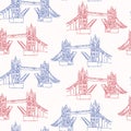 Sketchy London Tower Bridge seamless vector pattern. Famous historical british