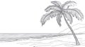 Black and White Line Art Palm Tree on a Sandy Beach with Ocean Waves and Mountains Royalty Free Stock Photo