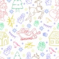 Sketchy seamless pattern vector hand drawn Doodle cartoon set of objects and symbols on the New Year theme. Royalty Free Stock Photo