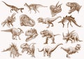 Graphical set of dinosaurs, sepia vector illustration