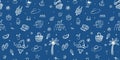Sketchy summer line art seamless pattern with beach and vacation hand drawn doodle elements on blue background. Vector design for Royalty Free Stock Photo