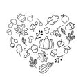 Sketchy vector hand drawn leaves, pumpkin, acorn. Doodle set of objects and symbols on the autumn theme in the shape of Royalty Free Stock Photo