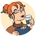 Sketchy vector portrait of a young girl in glasses with cup of coffee