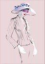 Sketh of fashionable elegant woman in a suit and hat in glassess.vector illustration