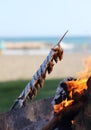skewer of sardines, olive trunks and fire, with the beach in the background