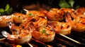 Skewered BBQ prawns grilling, juicy delight