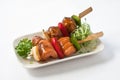 Skewered and Grilled Salmon and Meatballs Royalty Free Stock Photo