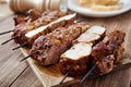 Skewered meat or shish kebabs of pork in marinade Royalty Free Stock Photo