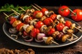 skewered mushrooms, cherry tomatoes, and onions on a metal plate Royalty Free Stock Photo