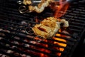 Skewered pieces of fresh Japanese marinated eel on the hot charcoal grill