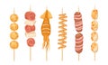 Skewered Street Seafood and Meat with Squid Hot and Spicy Snacks Vector Set Royalty Free Stock Photo