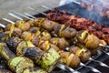 Skewered vegetables green zucchini courgettes cucumber peppers preparing barbecue grill charcoal Grilled roasted fried slices cove Royalty Free Stock Photo